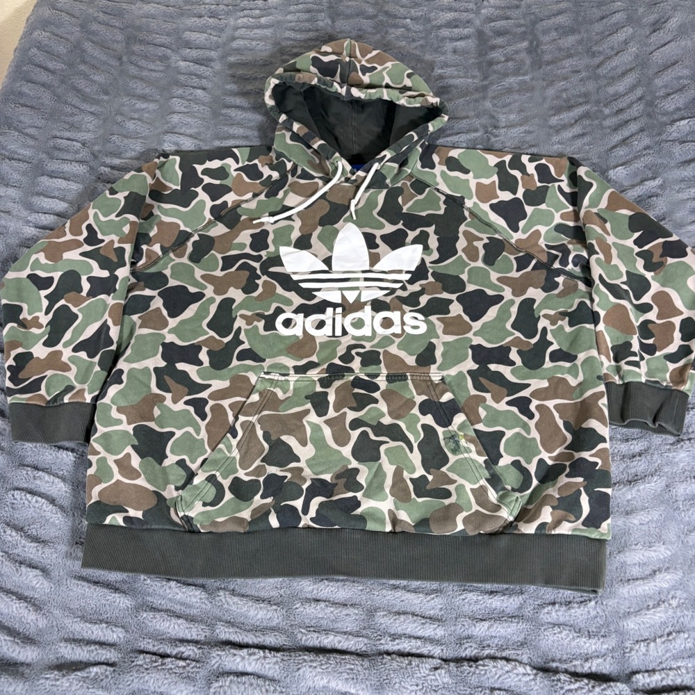 Adidas Originals Mens 2XL Camo Trefoil Logo Hoodie Green Duck Camouflage AQ358